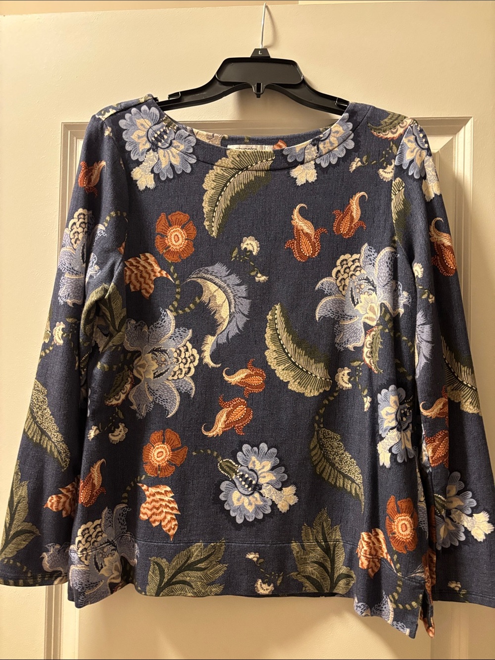 Chico's Navy Floral Long-Sleeve Tee with Blue, Orange and Green Print